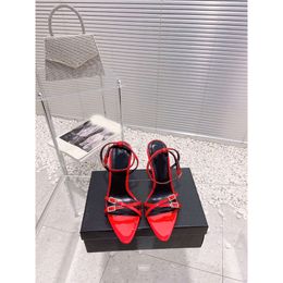 24Spring Summer New Water Diamond Square Buckle Simple High Heel Shoes Solid White and Black Sexy Side Open Toe Sandals for Women Round Heels