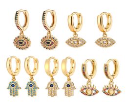 Blue Evil Eye Hoop Earrings Fashion Design 18K Gold Plated Women Cubic Zirconia Fatima Hamsa Hand Pendant Turkish Rhinestone Devil1620771