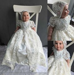 Christening dresses Baby Girls Baptism Dress Beaded Lace Puff Sleeves Newborns 2 Pieces Straight Wedding Q240507