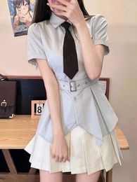 Work Dresses Korean Irregular Waist Shirt Pleated Skirt Two-piece Set Women Temperament Fashion Polo Collar Sweet Fresh Slim Belt Lady Suit