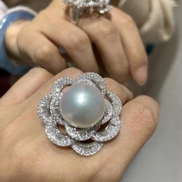 Cluster Rings Large South Sea Pearl Ring White 18K Gold With Real Diamond Flower Double Use Genuine Luxury Jewellery