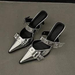 Punk Goth Metal Buckle High Heels Sandals Women Summer Pointed Toe Silver Party Shoes Woman Korean Style Thin Heels Sandals 240423