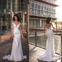 Klänningar bröllop elegant transparent sjöjungfru lysande klänning sökande långa ärmar juvel krage täckt rygglös domstol klänning anpassad plus size vestidos de novia