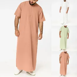 Ethnic Clothing Mens Solid Colour Robes Saudi Style Zipper Jubba Thobe Man Vintage Short Sleeve O Neck Muslim Arabic Islamic Eid Ramadan