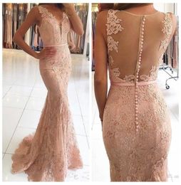 Lace Evening Dresses V Neck Appliques Beaded Prom Dress Sexy Illusion Back Formal Gown Vestidos De Fiesta7417936