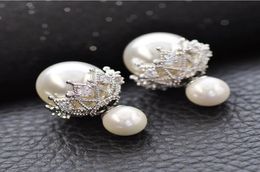 S925 Sterling Silver Stud Earrings with Crystal Luxury Pearl Double Sided Lace Designer Ear Rings Jewelry for Wedding6613554