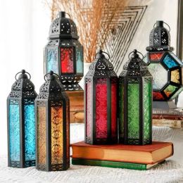 Holders Morocco Handheld Iron Wind Lamp Candlestick Colored Glass Home Office Courtyard Decoration Iron Art Candle Holder