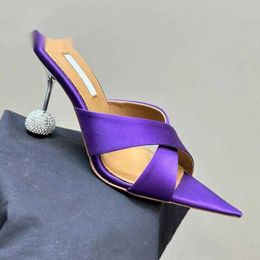 Slippers Silk Leather Cross Strap Women Sexy Summer Sandal Shoe Pointed Toe Rhinestone Ball Heel Luxury