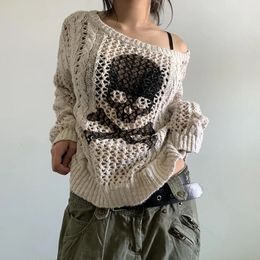 Harajuku Grunge Y2K Aesthetic Retro Jumper Skeleton Printed Hollow Knitted Sweater Autumn Full Set Handle 240426