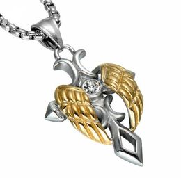 Gold Colour Angel Wing Men Pendant Necklace Punk Crucifix Stainless Steel Titanium Necklaces Jewelry5111414