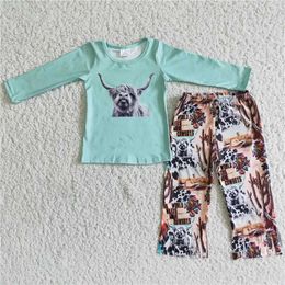 Clothing Sets Spring And Autumn Fashion Yak Print Blue Long Sleeve Fringe Hem Suit Boutique Baby Girls Outfits