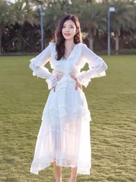 Casual Dresses Lace Patchwork Hollow Out White Dress Vacation Sexy Summer Long For Women 2024