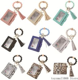Fashion PU Leather Bracelet Wallet Keychain Party Favour Tassels Bangle Key Ring Holder Card Bag Silicone Beaded Wristlet Keychains3183628