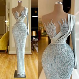 Fashion Column Prom Dresses One Shoulder Long Sleeve Floor Length Satin Pattern Appliques Beading Celebrity Evening Dresses Plus Size Custom Made L24613