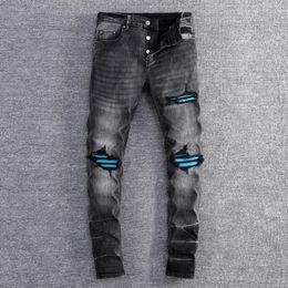 Street Fashion Men Jeans Retro Black Gray Stretch Skinny Fit Ripped Jeans Men Blue Leather Patched Designer Hip Hop Brand Pants 240424