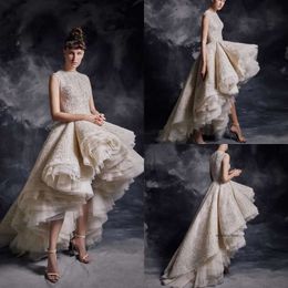 Modest Krikor Jabotian Jewel Sleeveless High Low A Line Evening Ruffles Lace Applique Crystal Formal Dresses Sweep Train Party Gown 0508