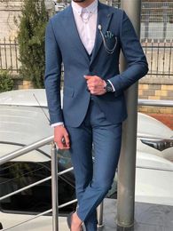 Men's Suits 2024 Elegant Blue Casual Men Suit Groom Tuxedo Slim Fit Blazer Hombre High Quality Business Custom 3 Piece Set Jacket Vest Pants