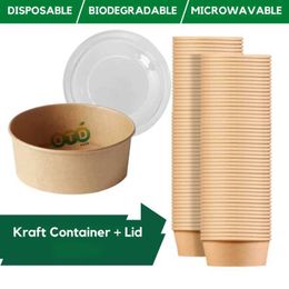 Disposable Dinnerware Kraft paper salad bowl disposable takeaway food container sturdy and environmentally friendly suitable for cooking multi-purpose Q240507
