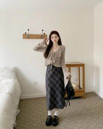 Work Dresses Elegant Two-piece Set For Women Ruffles Knitted Sweater Tops And Plaid Pencil Skirt Large Size Female Spring Autumn Loose Suits