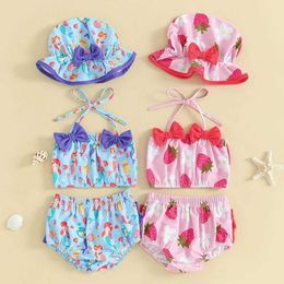 Tvådelar Småbarn Baby Girls Swimsuit Strawberry/Mermaid Print Bikini 3 Pieces Bading Summer Summer Beach Outfits Set H240508