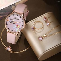 Wristwatches 6pcs Women's College Style Cute Cartoon Minimalist And Versatile Leather Wrist Watch Quartz