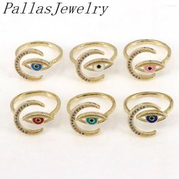 Cluster Rings 10Pcs Brass Copper Jewelry Gold Plated Red Blue White Eye Ring Micro Pave CZ Moon Design Opening Adjustable