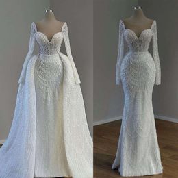 Denizkızı İnci Sevgililer Düğün Aplikler Zarif Elbiseler Dantel Uzun Kollu Çıkarılabilir Tren Özel Yapımı Artı Boyut Gelin Gown Vestidos de Novia