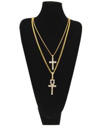 Gold Silver Egyptian Ankh With Cross Necklace Set Bling Rhinestone Crystal Key Cross Necklaces Hip Hop Jewellery Set7465182