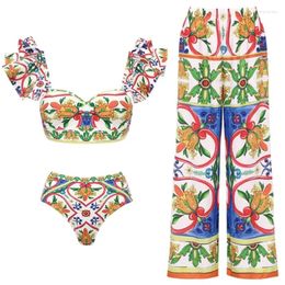 Women's Swimwear Retro Bikini Printed Fashion Two Piece Swimsuit And Cover Up With Pants Tight Bandage Summer Beach Luxury Elegant