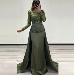 Olive Green Sexy Sparkling Evening Dresses Long Sleeves Elegant Beaded String Satin Pleated Princess Prom Dress Long Gowns