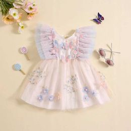 ガールズドレス1-5Y幼稚園の女の子メッシュレースドレス蝶の刺繍飛行袖のドレスサマーガールズプリンセスパーティードレス240508