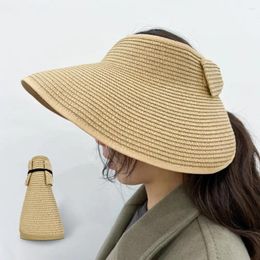 Wide Brim Hats Outdoor Ladies Hat Empty Top Foldable Large Bow Decor Sun Protection Anti-UV Beach Straw Cap Gardening Fishing Travel