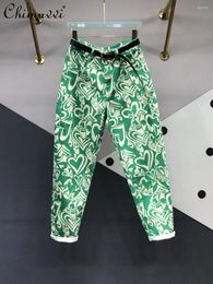 Women's Jeans Green Irregular Printing Dyeing For Women 2024 Spring Autumn High Waist Fashion Slim Tappered Harem Pants