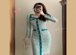 Women039s long sleeve dress square collar retro green color single breasted bodycon tunic pencil vestidos SMLXL9997389