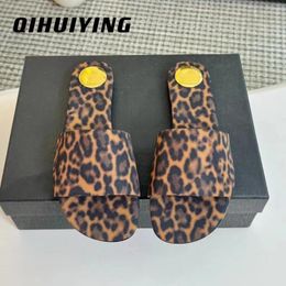 Slippers 2024 Est Summer Leopard Fabric Outdoor Genuine Leather Woman Slides Beach Shoes Vacation Desinger Plus Size