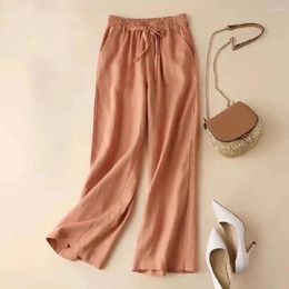 Women's Pants Versatile Women Nine-point Stylish Summer With Elastic Waist Pockets Loose Fit Straight Wide Leg For Casual