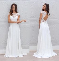 Elegant 2019 Boho Casual Beach Wedding Dresses Open Back Capped Sleeves A Line Sweep Train White Lace and Chiffon Summer Bridal Go1191893