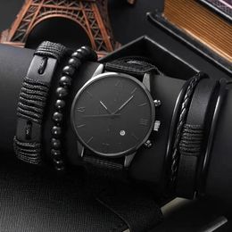 Wristwatches 4Pcs/set Men's Single Calendar Fake Three Eyes Canvas Quartz Watch PU Bracelet Set Ramadan Gift