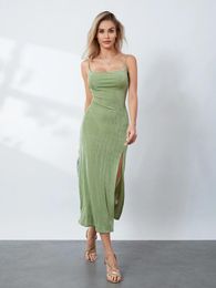 Casual Dresses 2024 Women's Summer Slip Dress Solid Colour Spaghetti Strap Cowl Neck Backless Thigh Slit Slim Midi