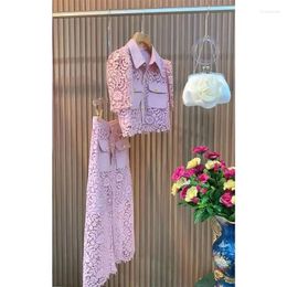 Work Dresses Brand Designer Office Lady Blouse Short Sleeve Lace Shirt Pink Pencil Skirts Embroidery Two Piece Women Sets Outfits A Line