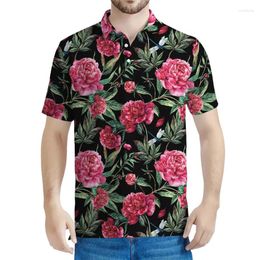 Men's Polos Fashion Peony Rose Flower Graphic Polo Shirt Men Women 3d Printed Floral Tee Shirts Casual Button T-shirt Lapel Short Sleeves