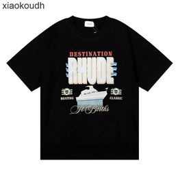 Rhude High end designer clothes for 24 New Fashion Yacht Print High Double Yarn Pure Cotton Loose Short sleeved Tshirt for Men and Women Students With 1:1 original tags