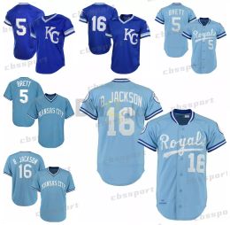 Vintage 16 Bo Jackson 5 George Brett Baseball Jerseys 1986 1987 Blue White Mesh Pullover Button Home Away All Stitched and Embroidery