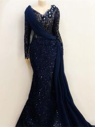 African Long Sleeves Lace Mermaid Evening Dresses 2022 Aso Ebi Long Sleeves Pleats Navy Blue Prom Gowns Robe De Soiree4552481