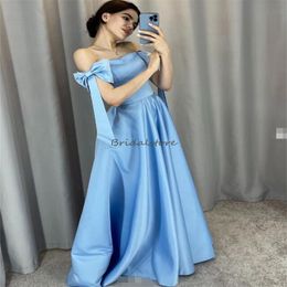 Blue Evening Dresses With Bow Off Shoulders Satin Long Prom Dress 2024 Elegant Ceremony Formal Party Gowns Custom Made Birthday Dress Robe De Fiesta Arabic