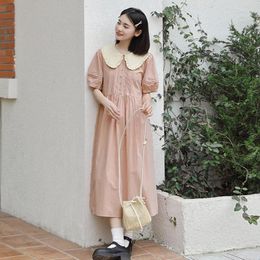 Party Dresses Mori Girl Style Sweet Cute Doll Collar Short-sleeved Dress Women 2024 Summer Vintage Loose Vestidos Pink Pleated Long