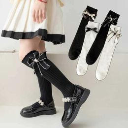 Kids Socks 1 Pair Sweet Cool Calf Sock for Kid Girl Black White Bowknot Style Knee High Sock for Girl Soft Spring Summer Cotton School Sock