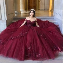 Burgundy Princess Quinceanera Dresses Lace Appliques Glitter Sequins Tulle Long Ball Gown Prom Graduation Party Dress Off The Shoulder Vestido De VX Anos 2024