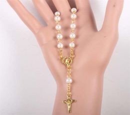 Religious Vintage Prayer Women Christian Bead Chain glass pearl Catholic Rosary Bracelet gold color 2110146891740