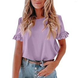 Women's T Shirts Short Sleeve Casual T-Shirt Summer Pleated Solid Colour Round Neck Loose Top Tops